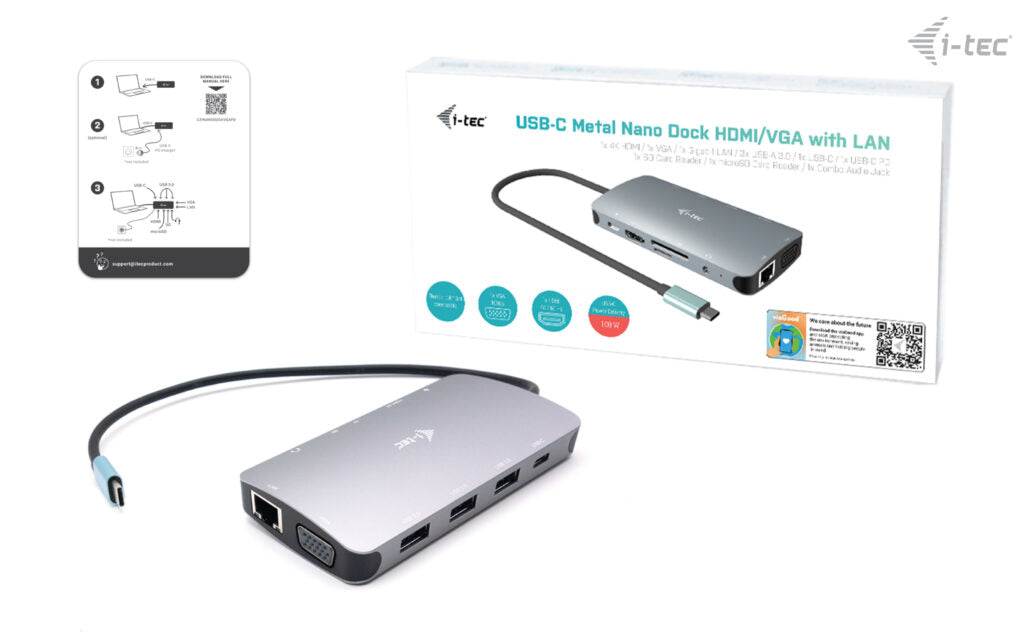 i-tec Multiport-Adapter – USB-C, 1× HDMI, 1× VGA, 3× USB-A, 2× USB-C, 100 W PD, GbE, für Windows/Mac/Linux