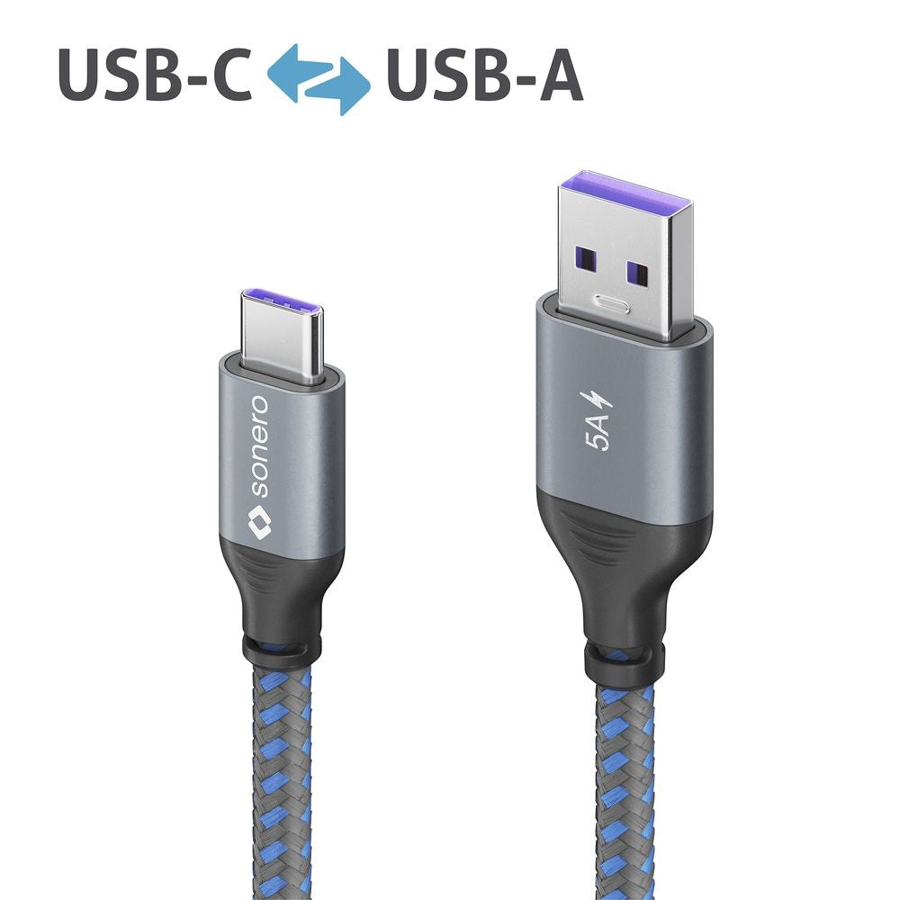 Sonero – USB-C auf USB-A Kabel – USB 2.0 (480 Mbit/s) – 2 m – PD 100 W – Textilmantel – Blau/Grau