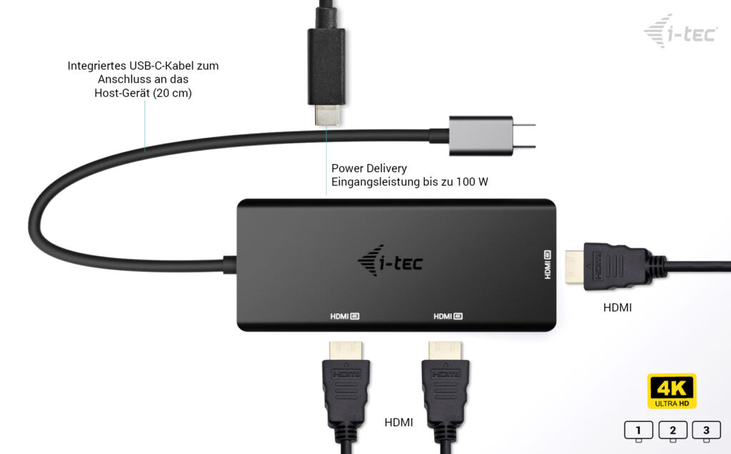 i-tec USB-C zu 3× HDMI Adapter – 4K (3840 × 2160) @ 144 Hz, HDMI 2.0, 0,2 m – für Windows/Mac/Linux
