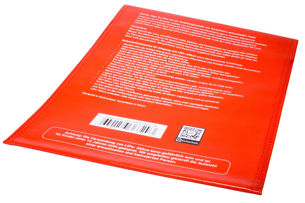 Swaytronic LiPo-Safe-Tasche, rot, 300 × 230 × 5 mm, 1 Fach, für LiPo-Akkus