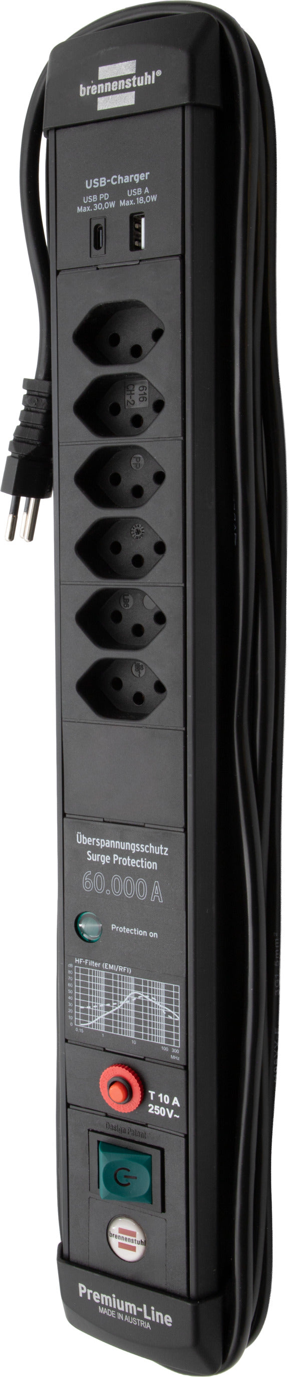 Brennenstuhl Premium-Line – Steckdosenleiste, 6× T12 Steckdosen, 2× USB (1×A/1×C), mit Schalter, 3 m, T12 Stecker, IP20