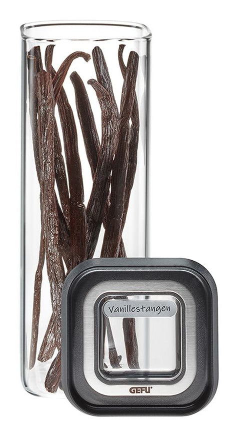GEFU PANTRY Mini – Vorratsdose 400 ml, 7 × 7 × 17,6 cm, Glas (Borosilikat)/Silikon, transparent/schwarz