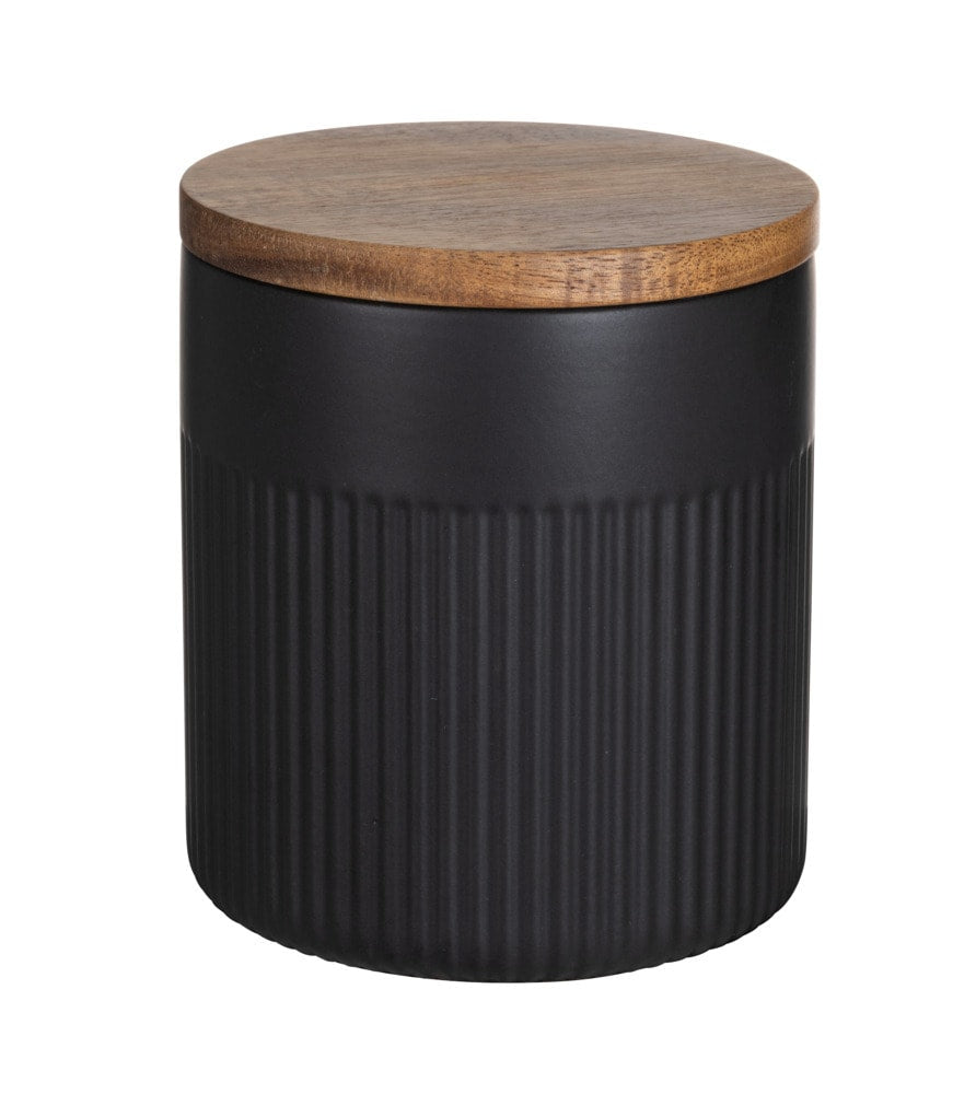 WENKO Vorratsdose 600 ml, Ø 10,5 × 12 cm, Keramik, Schwarz/Holz
