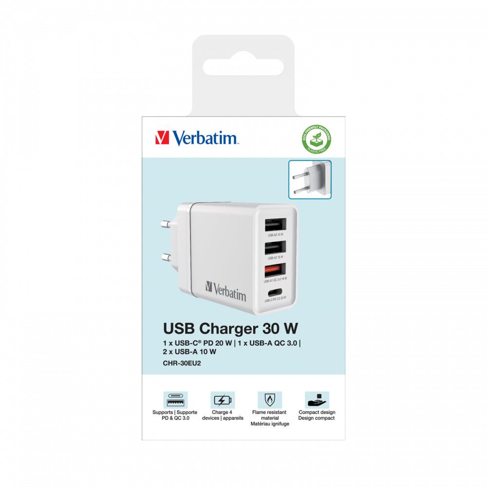 Verbatim USB-Ladegerät 30 W – USB-C×1, USB-A×2 – PD, QC 3.0, EU-Stecker (Typ C) – Weiss