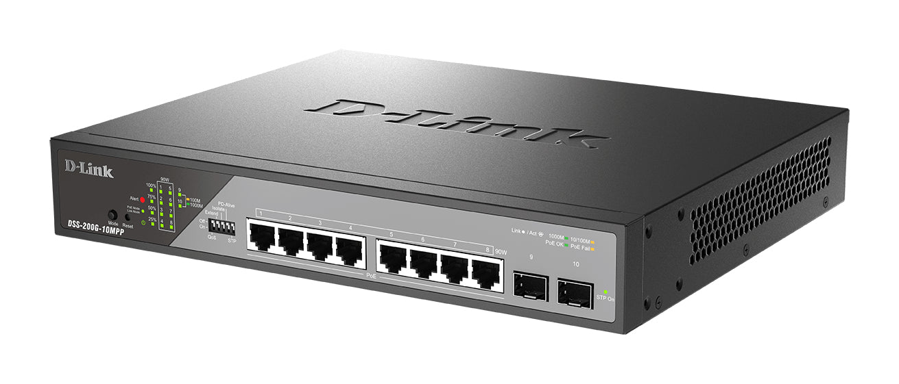 D-Link DSS-200G-10MPP/E – Managed Switch – 8×GbE, 2×SFP, L2, PoE++ 242 W, 1U