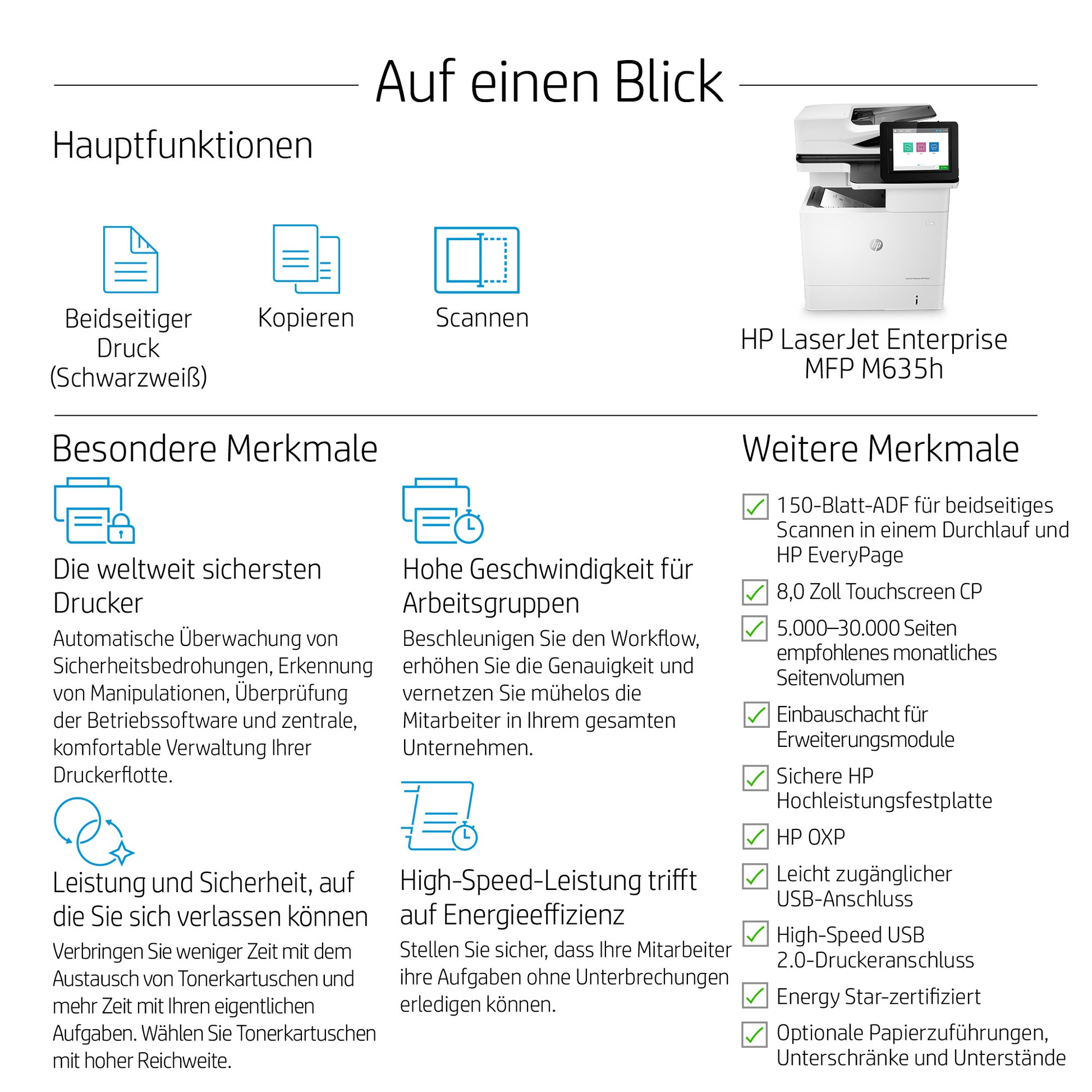 HP Enterprise M635H – S/W Laser-MFP – Duplex, ADF, 150-Blatt ADF