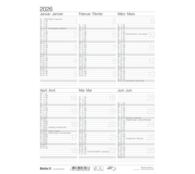 Biella Tischkalender – 6 Monate pro Seite – zweisprachig Deutsch/Französisch – 2026 – 21 × 29,7 cm