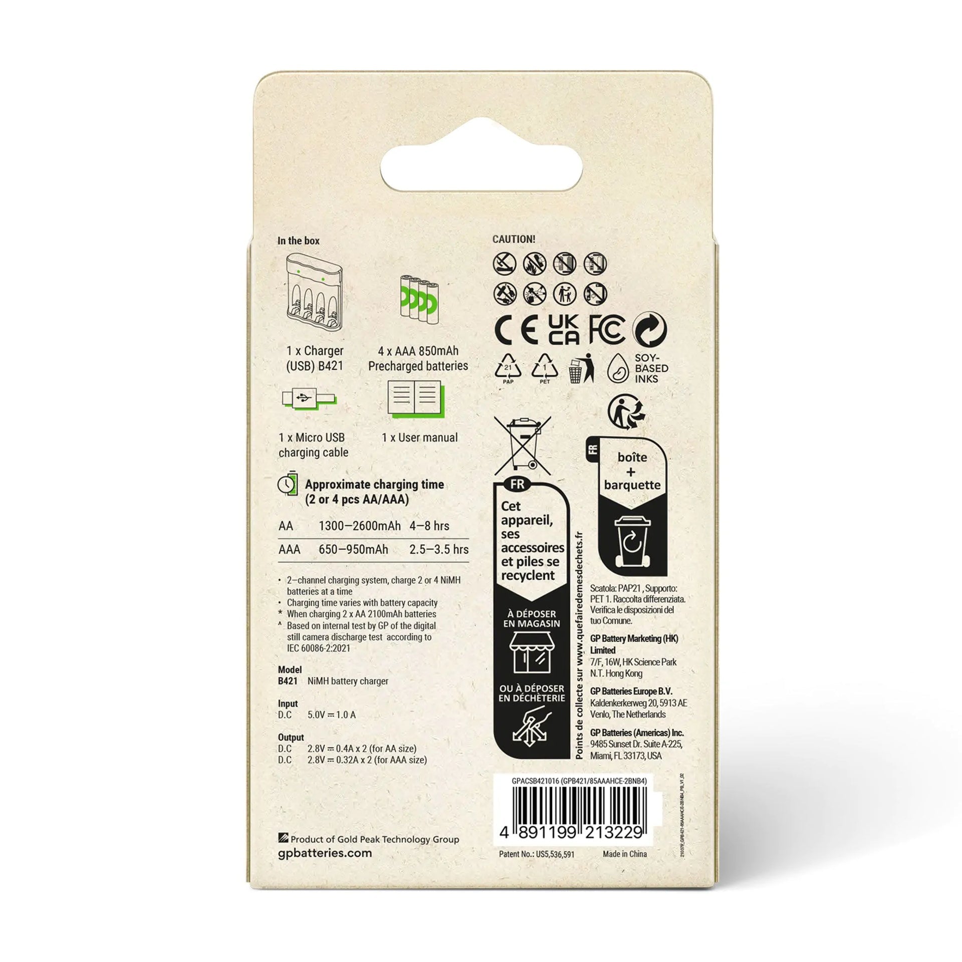 GP Batteries B421 Batterieladegerät 4× – für AA, AAA – inkl. 4× AAA 850 mAh, USB, NiMH, -dV Vollladungserkennung