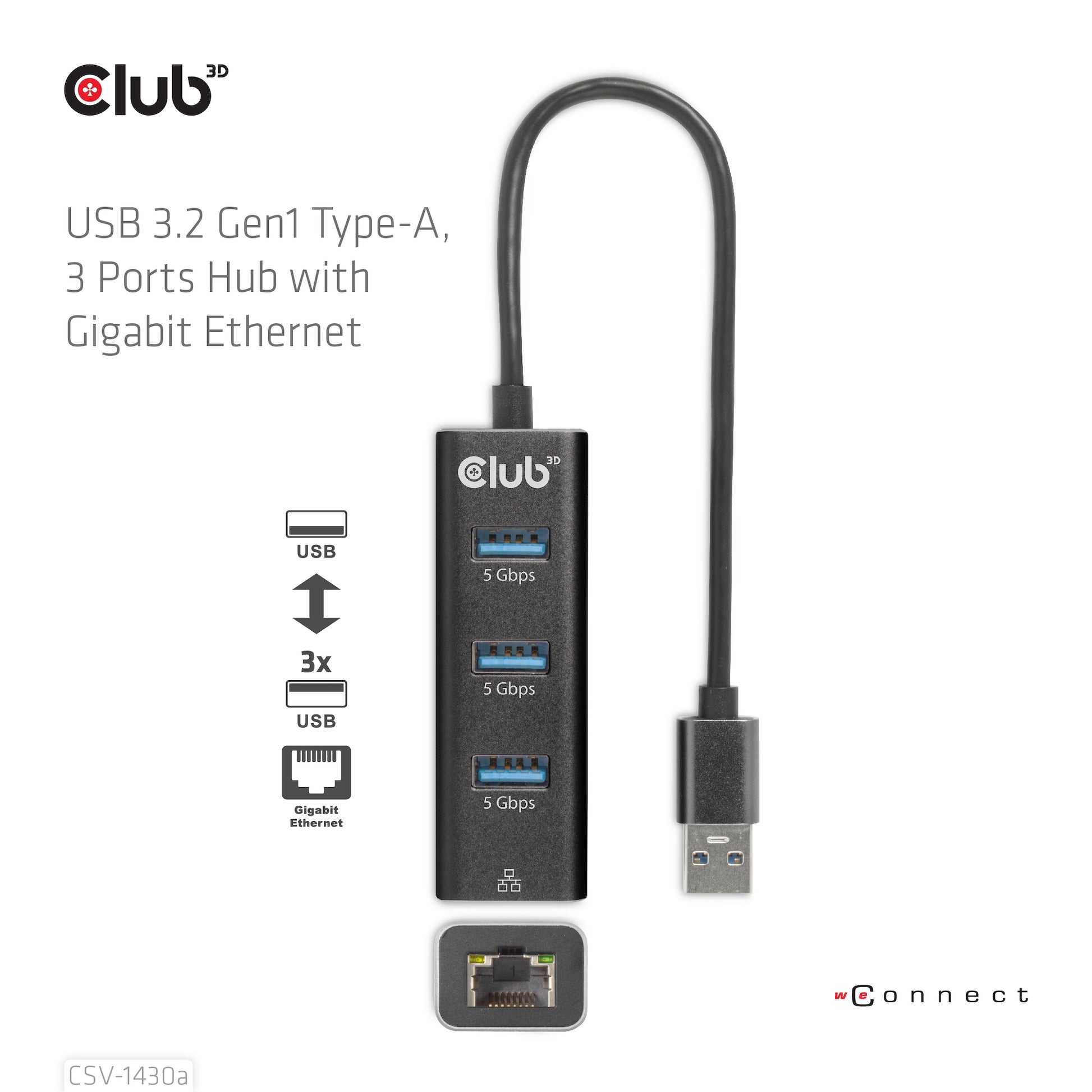 CLUB3D Club 3D CSV-1430a USB-Hub – USB 3.2 Gen 1, 3× USB-A, GbE