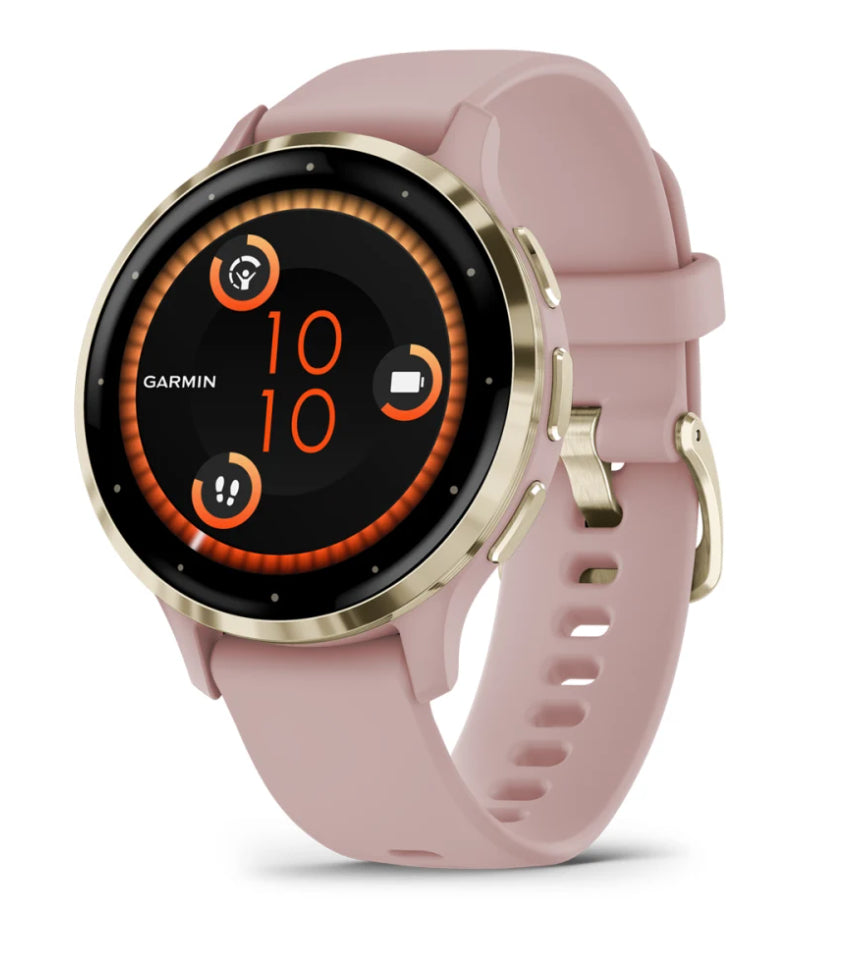 Garmin Venu 3S – Smartwatch – 41 mm, 1,2", GPS, WLAN, AMOLED, Gorilla Glass, 50 m, Hellrosa/Gold, Sportarmband