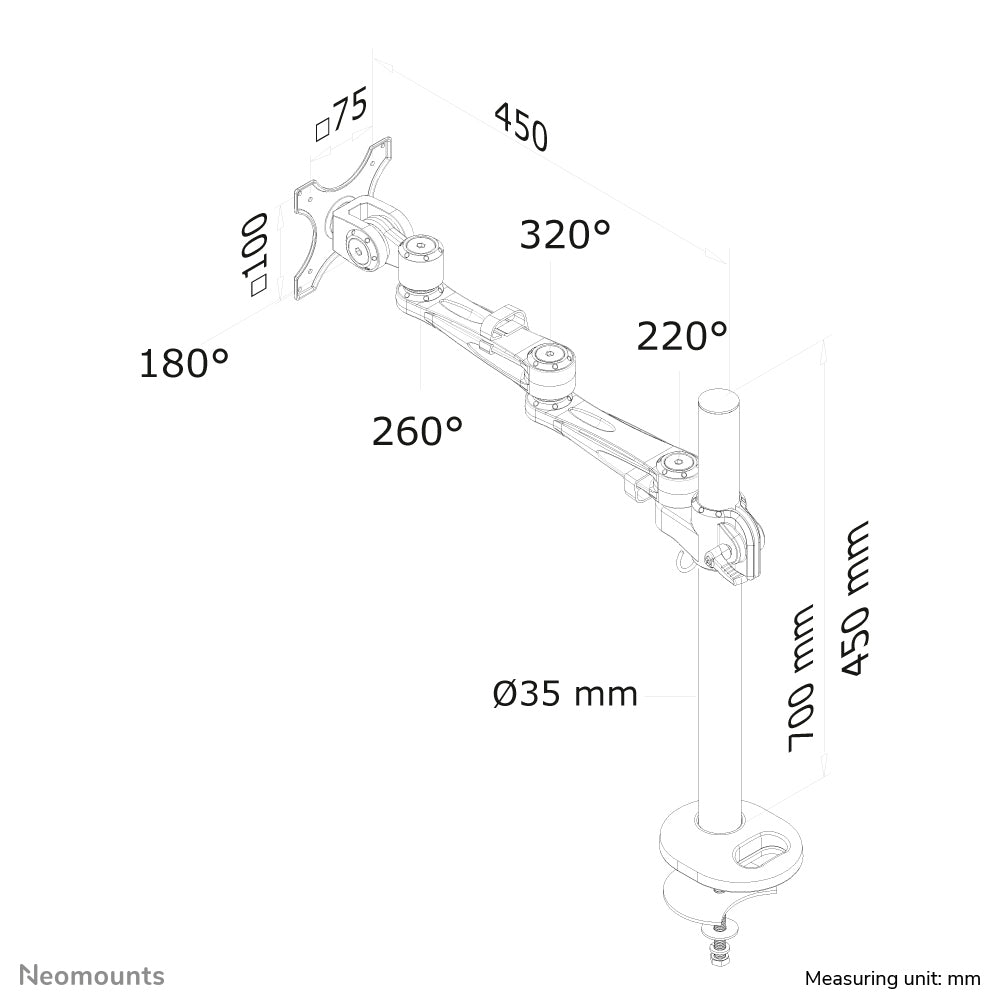 Neomounts FPMA-D935G – Tischhalterung, Tischdurchführung, bis 30", 12 kg, höhenverstellbar, Silber