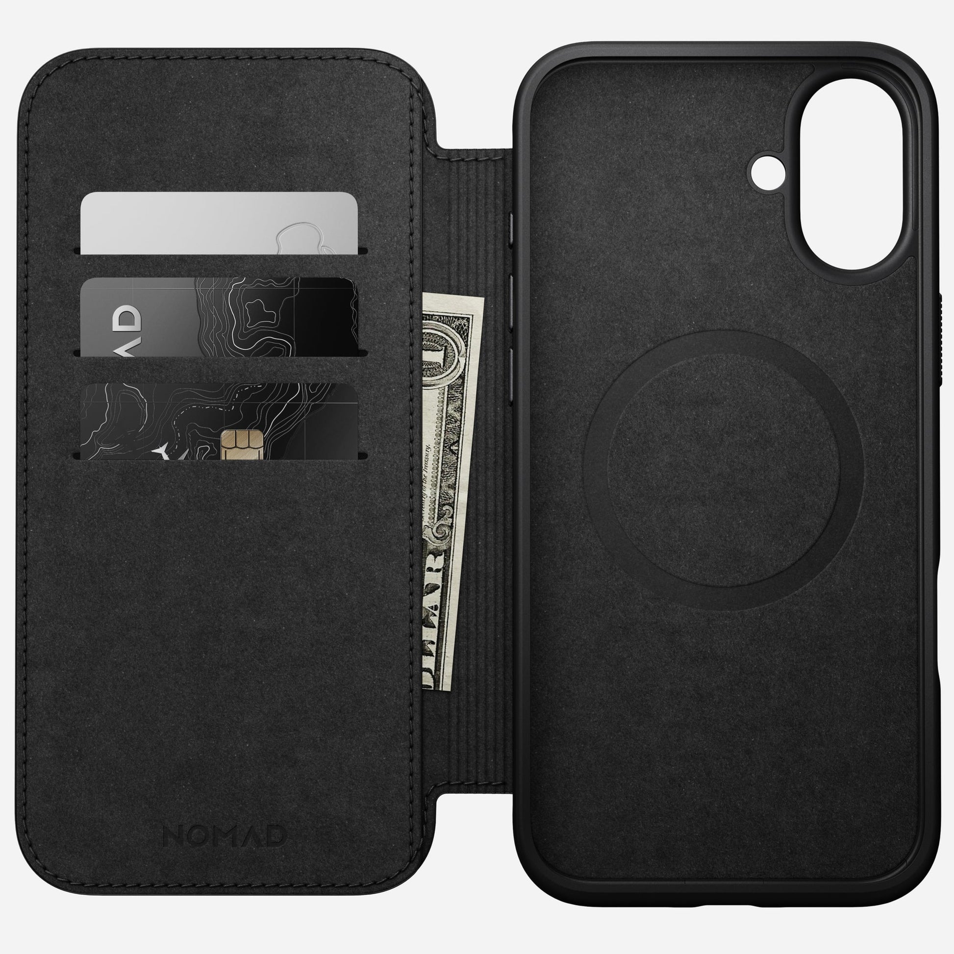 Nomad Booklet-Hülle – für Apple iPhone 16 Plus – schwarz – Leder – mit Kartenfach