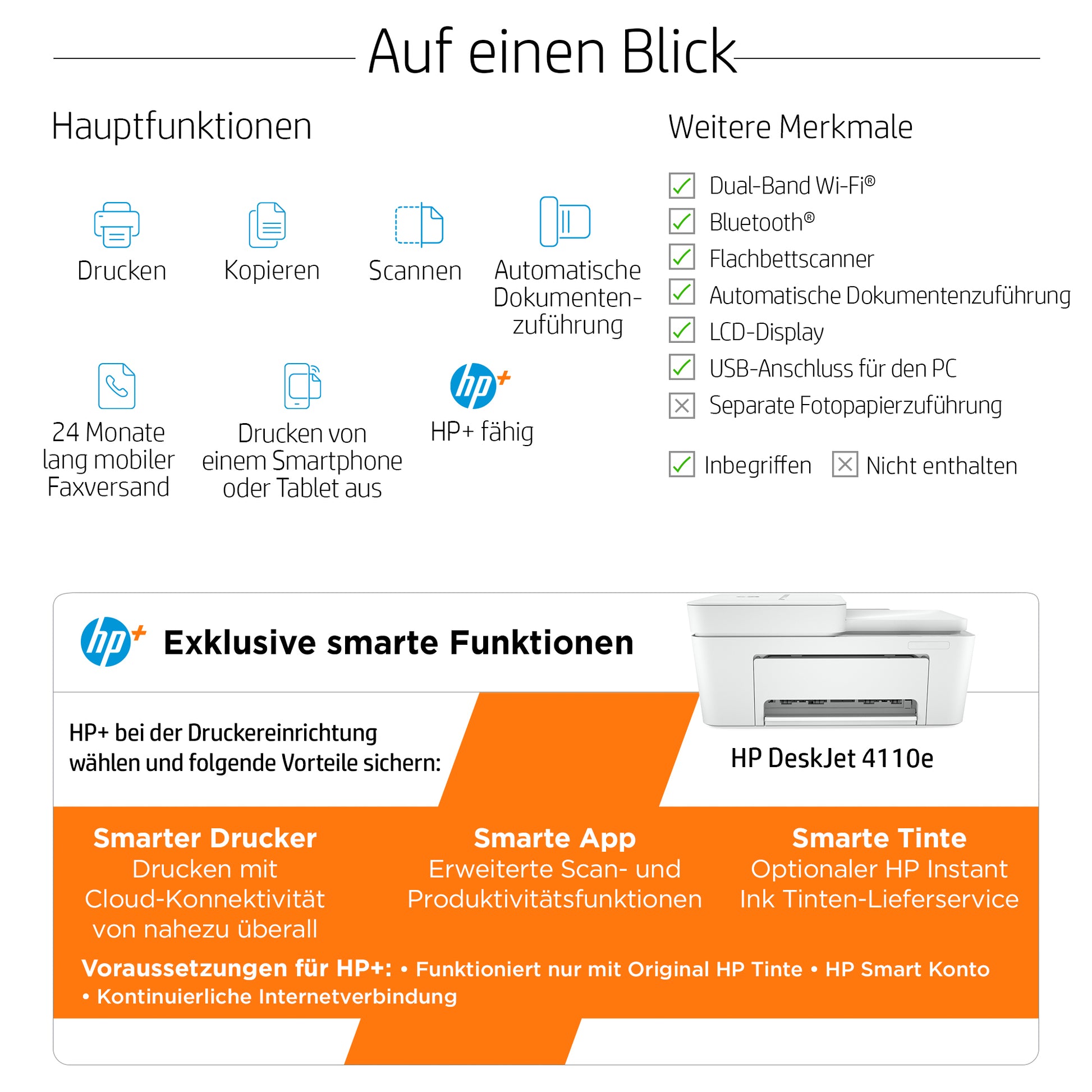 HP DeskJet 4110e – Farbtintenstrahl-Multifunktionsdrucker, A4, 4-in-1, Duplex, ADF, WLAN, AirPrint