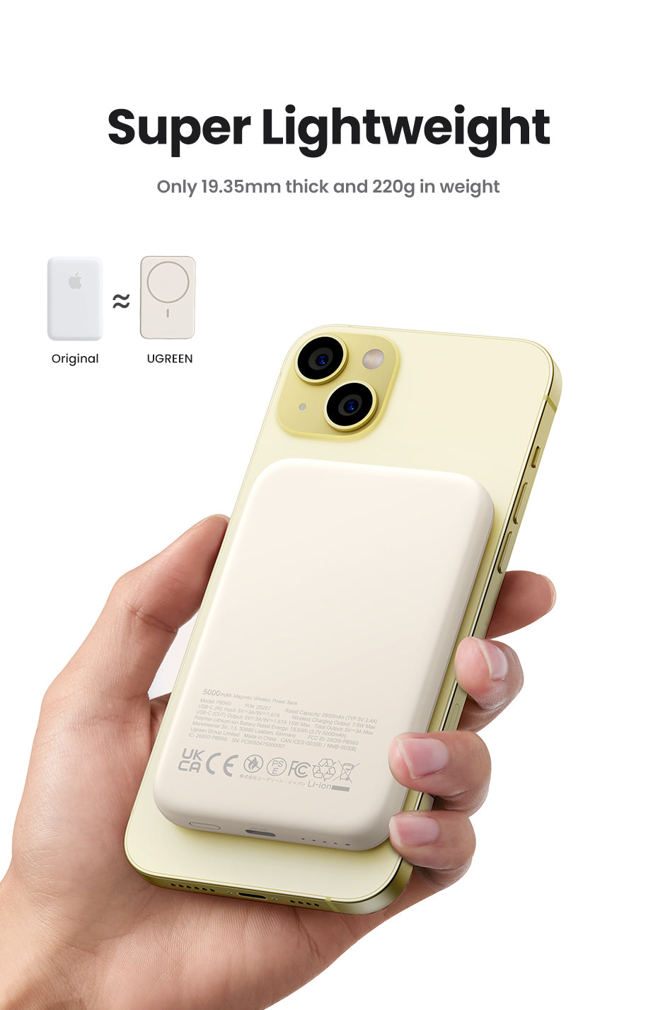 Ugreen MagSafe Powerbank 10'000 mAh – 20 W PD, MagSafe 7,5 W, 1× USB-C, beige, für iPhone 12–15