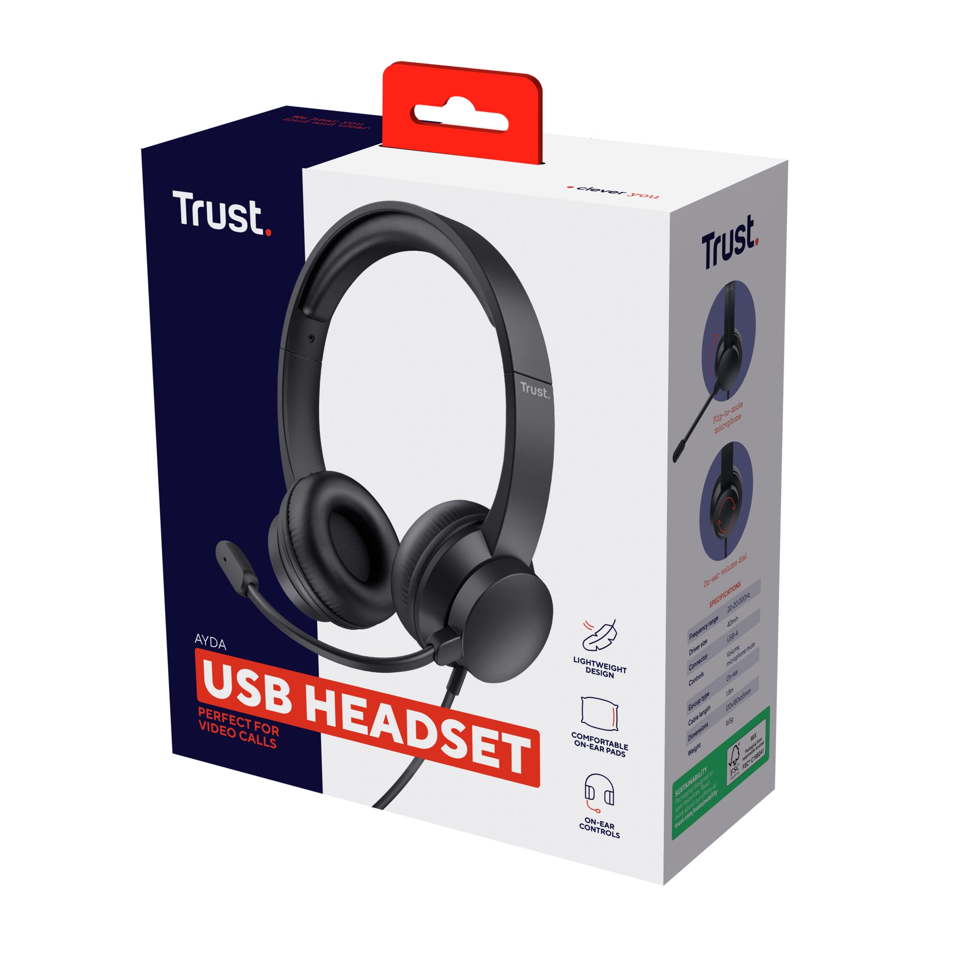 Trust Ayda – Duo Headset – USB‑A, wegklappbares Mikrofon – schwarz – für PC/Mac
