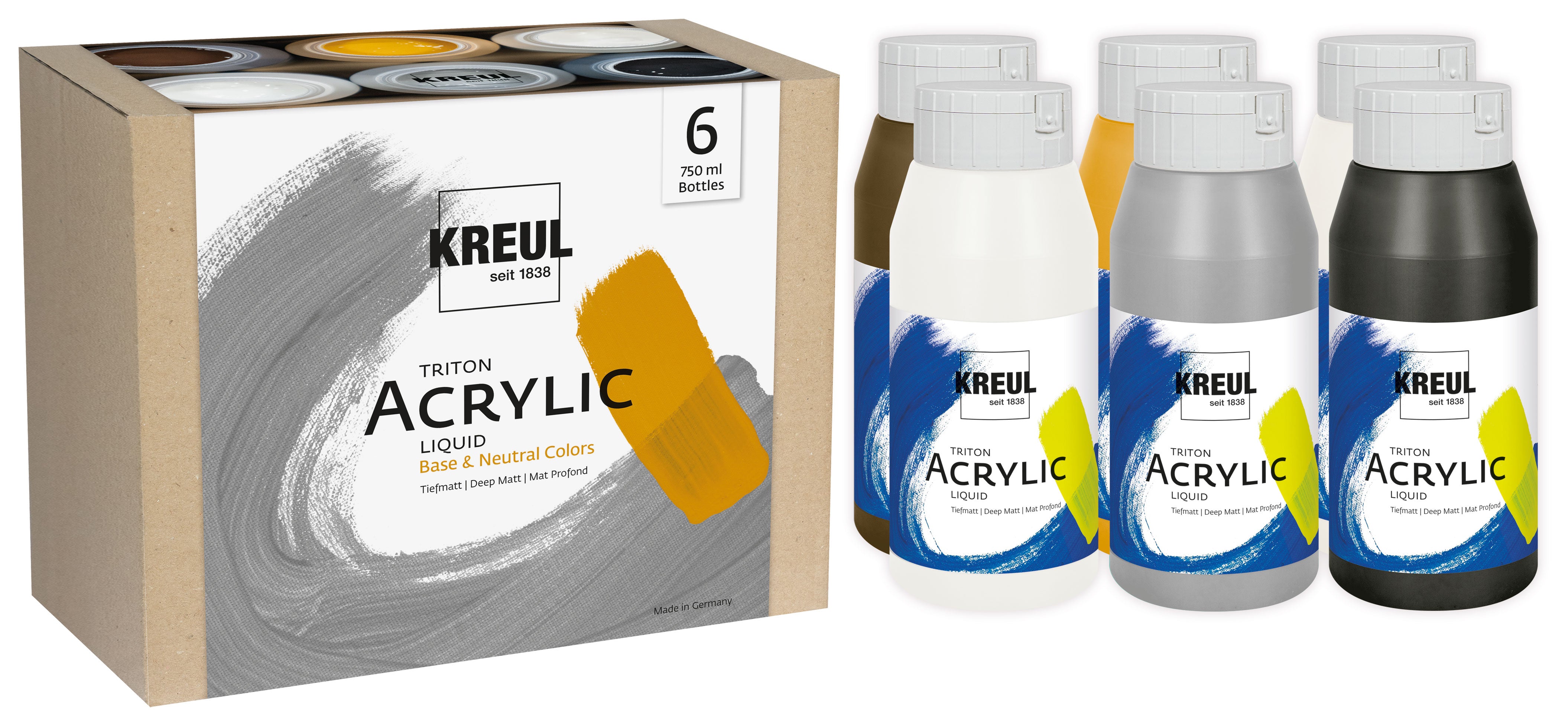 KREUL Triton Acryl Flüssig Acrylfarbe – 6 Farben, matt – 6×750 ml (4,5 l) – für Leinwand, Papier, Holz