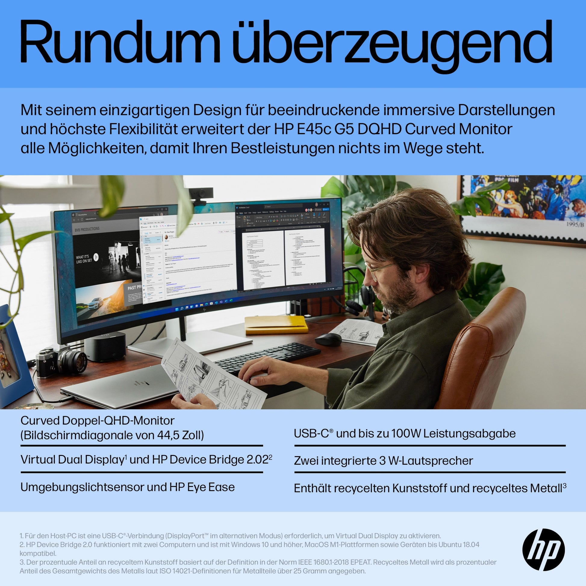 HP E45c G5 – Monitor, 44,5", VA, 165 Hz, 400 cd/m², USB-C, Gebogen, VESA 100 × 100, Schwarz