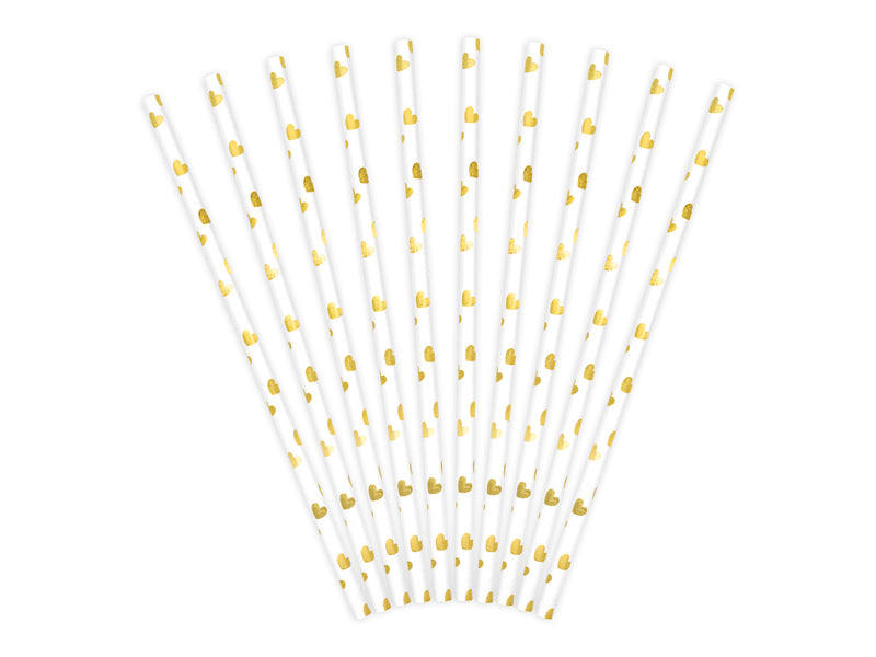 PartyDeco Papierstrohhalme, 19,5 cm, Gold/Weiss, Herz-Motiv – 10 Stk.