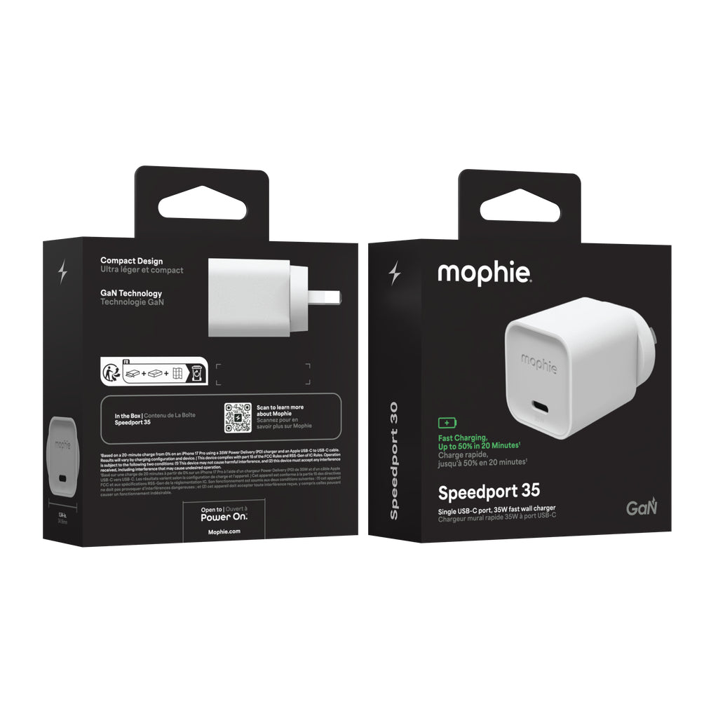 mophie Speedport 35 USB-Ladegerät 35 W – USB-C×1 – PD, GaN – EU-Stecker (Typ C) – Weiss