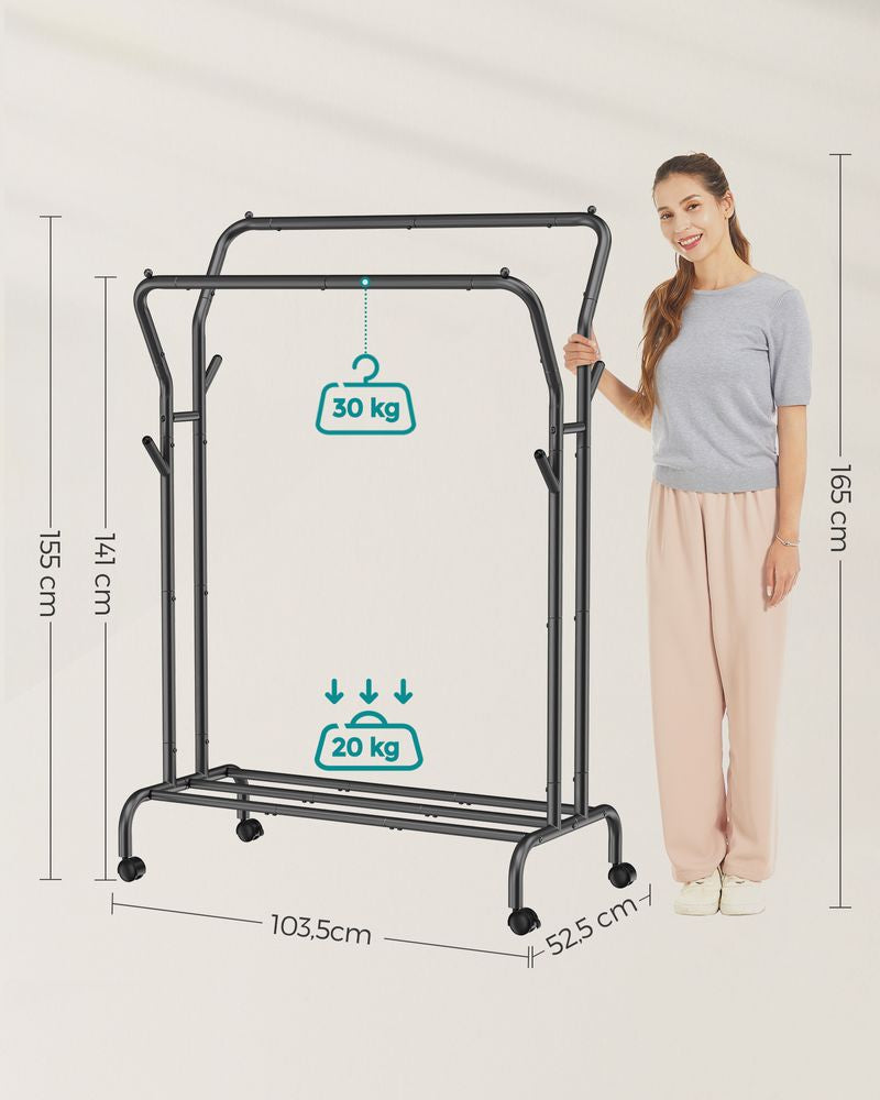Songmics HSR107B01 Garderobenständer – mit Rollen, 50 kg Tragkraft – Stahl – Schwarz – 1'550 mm