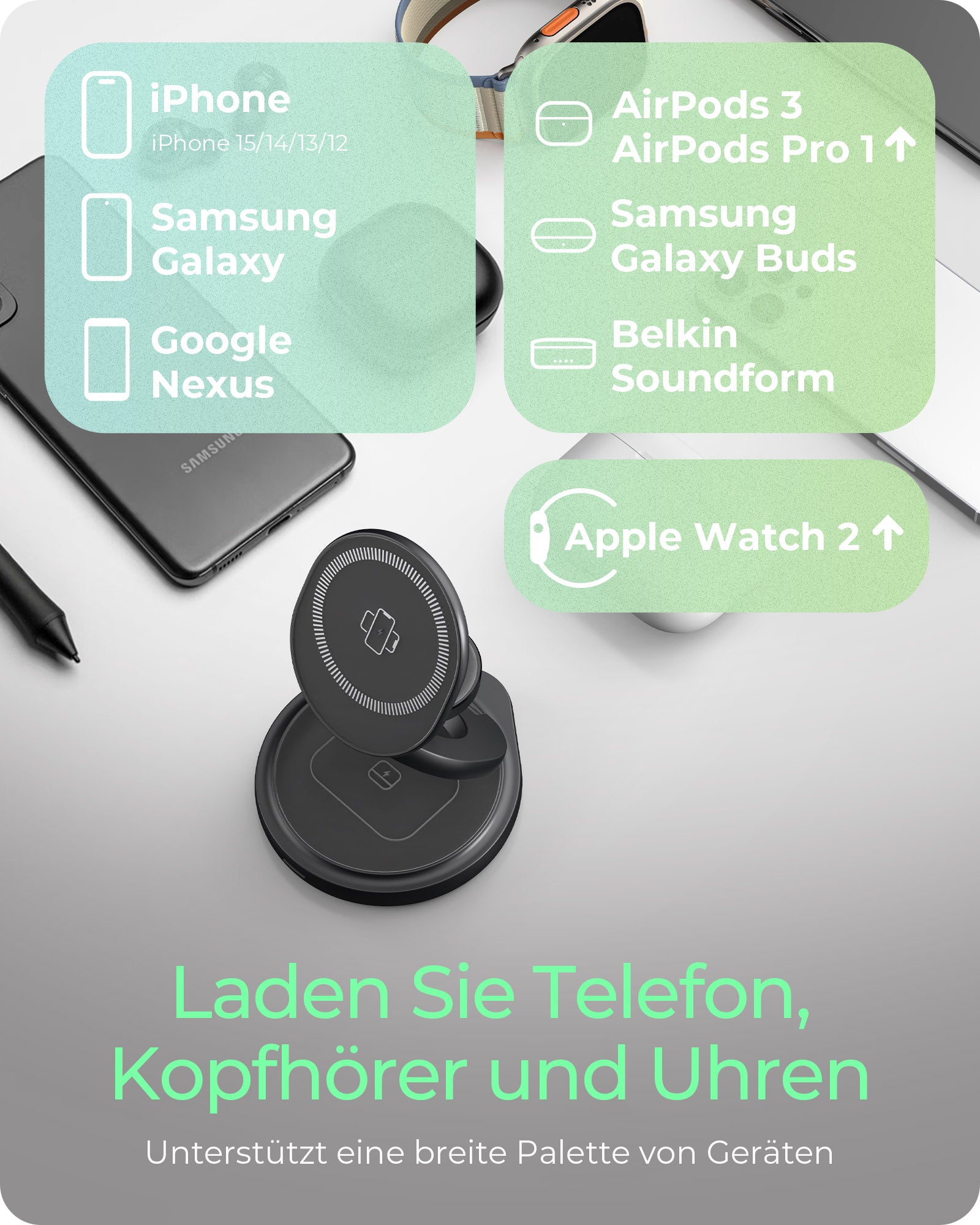 ICY BOX IB-SH101-CH 3-in-1 Ladeständer – Qi – 15 W/2,5 W/3 W – für iPhone/Samsung Galaxy/Apple Watch – Anthrazit
