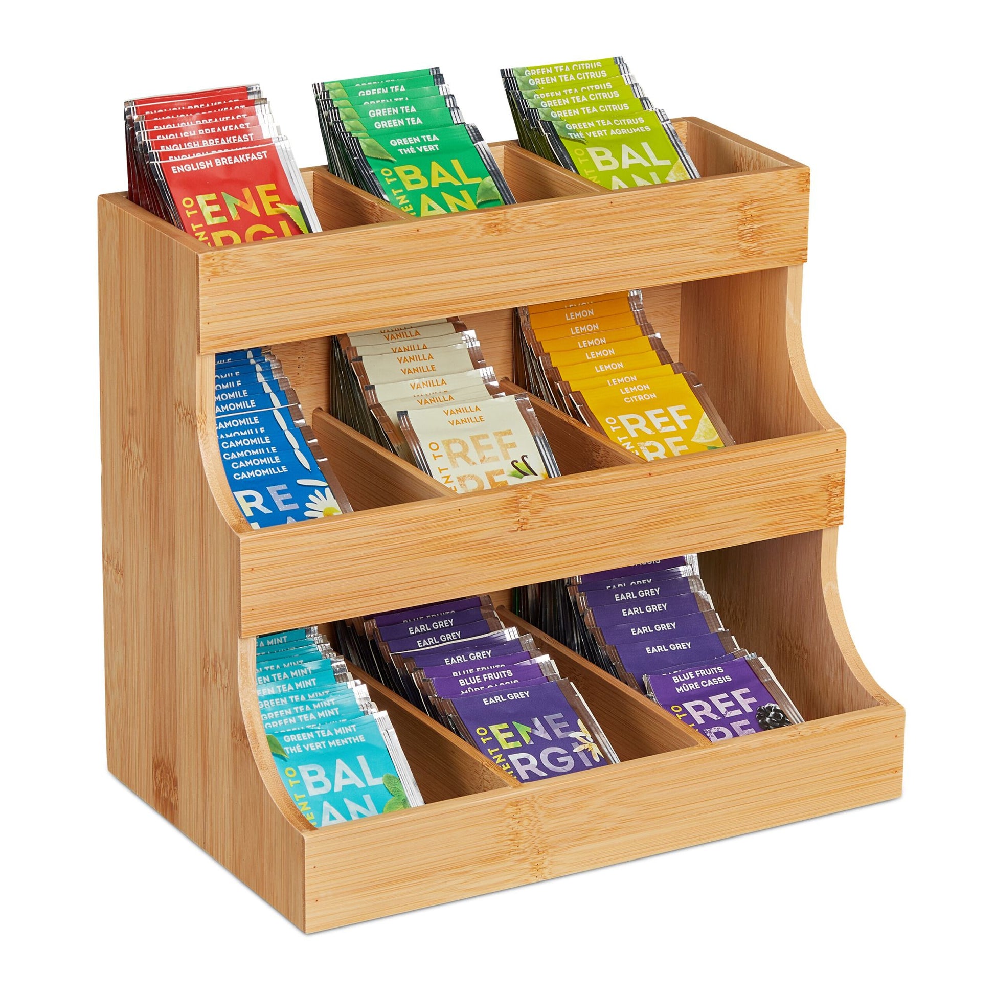 Relaxdays Teebeutelbox Bambus/MDF, 9 Fächer, 27 × 17,5 × 24 cm, natur
