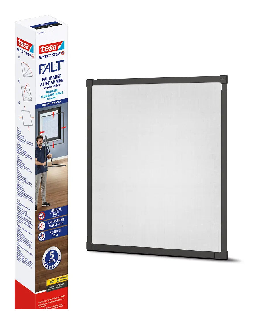 TESA Fenster-Fliegengitter – 140 × 140 cm – Anthrazit – Aluminiumrahmen – faltbar