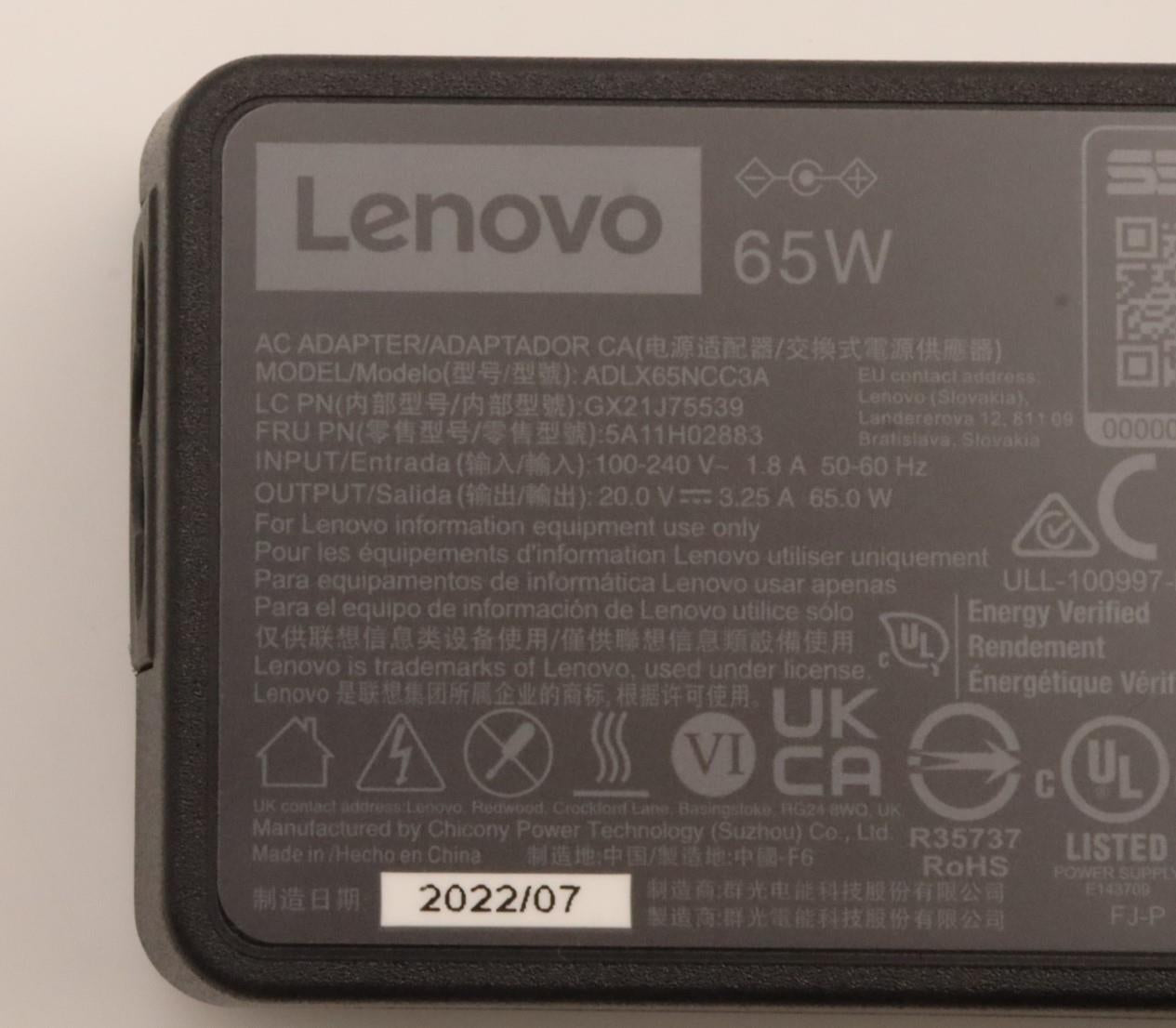 Lenovo 5A11H02883 Netzteil 65 W – 20 V/3,25 A – für Laptop – Schwarz