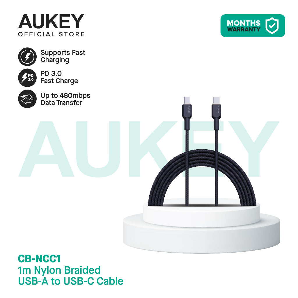 AUKEY USB-C auf USB-C Kabel – USB 3.2 Gen 1 (5 Gbit/s) – 1 m – PD 60 W – Geflochten – Schwarz
