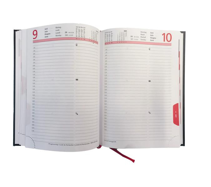 Biella Registra Agenda – 1 Tag/Seite, gebunden, 14,5 × 20,5 cm, 2026, 1/2-Stunden-Takt, schwarz, FSC