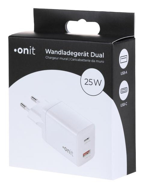 ONIT F01379 USB-Wandladegerät 25 W (USB-C) + 18 W (USB-A) – USB-C×1, USB-A×1 – PD, QC – Weiss