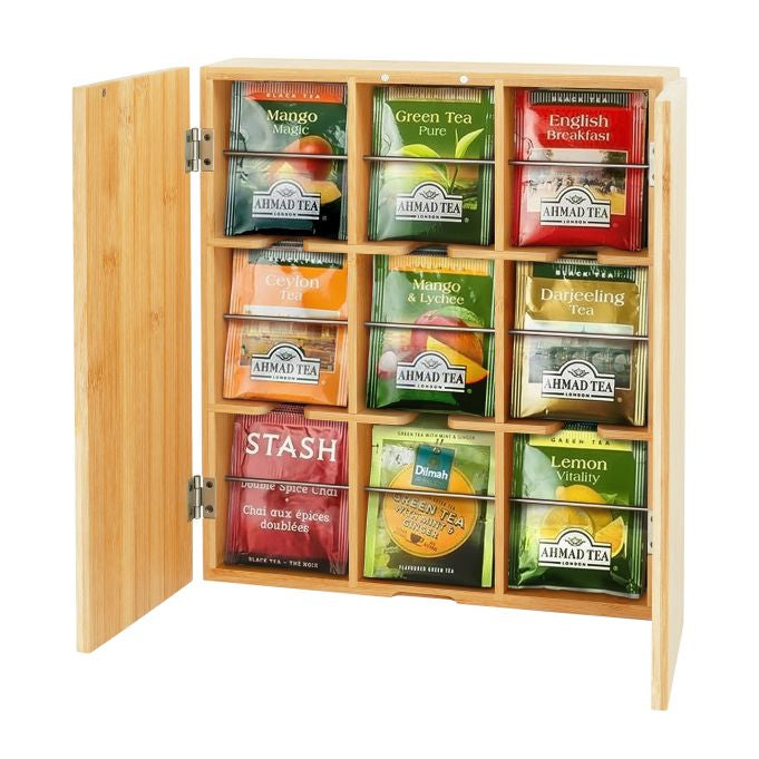 Relaxdays Teebeutelbox Bambus/Edelstahl, 9 Fächer, 26,5 × 7 × 31 cm, Hellbraun