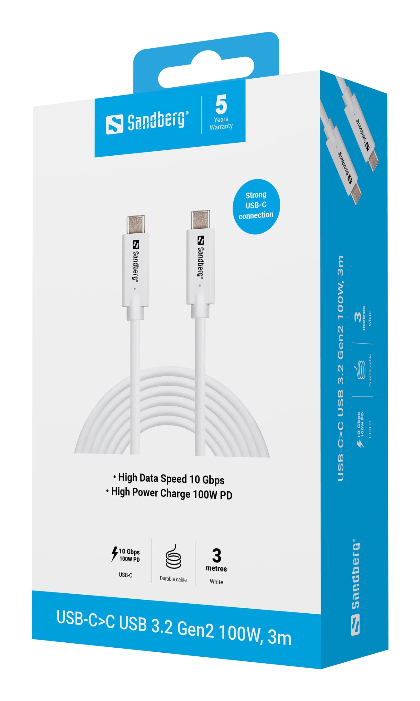 Sandberg USB-C auf USB-C Kabel – USB 3.2 Gen 2 (10 Gbit/s) – 3 m – PD 100 W – Weiss