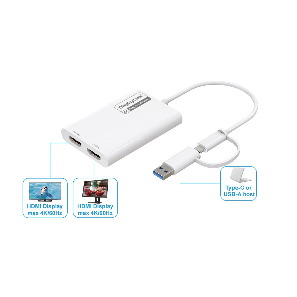 ROLINE Multi-Monitor-Adapter USB-A/C zu 2× HDMI – 4K (3840×2160) @60 Hz, 0,18 m, für USB-A/C (DP Alt Mode)