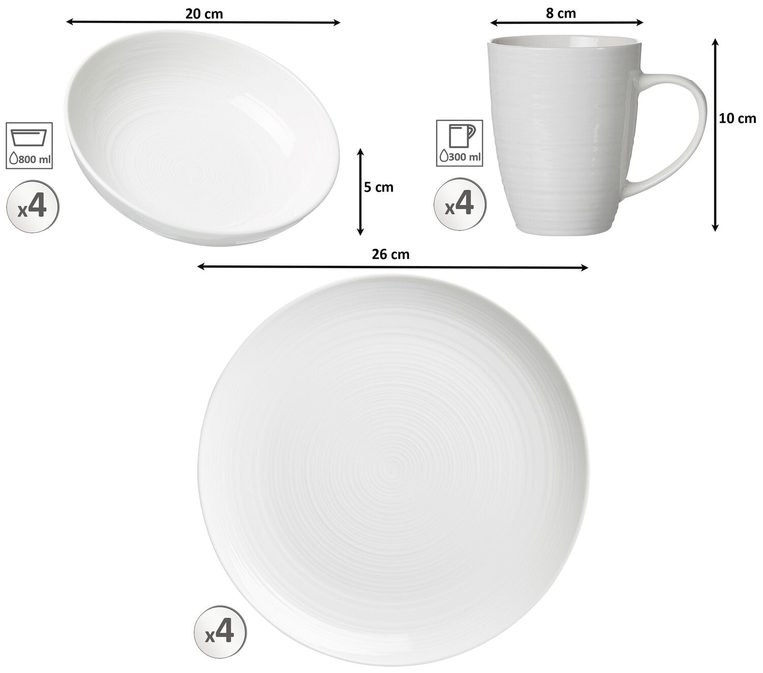 Ritzenhoff & Breker Speise-Service Suomi – 12-teiliges Set, Ø 26 cm, Porzellan, Weiss, spülmaschinenfest