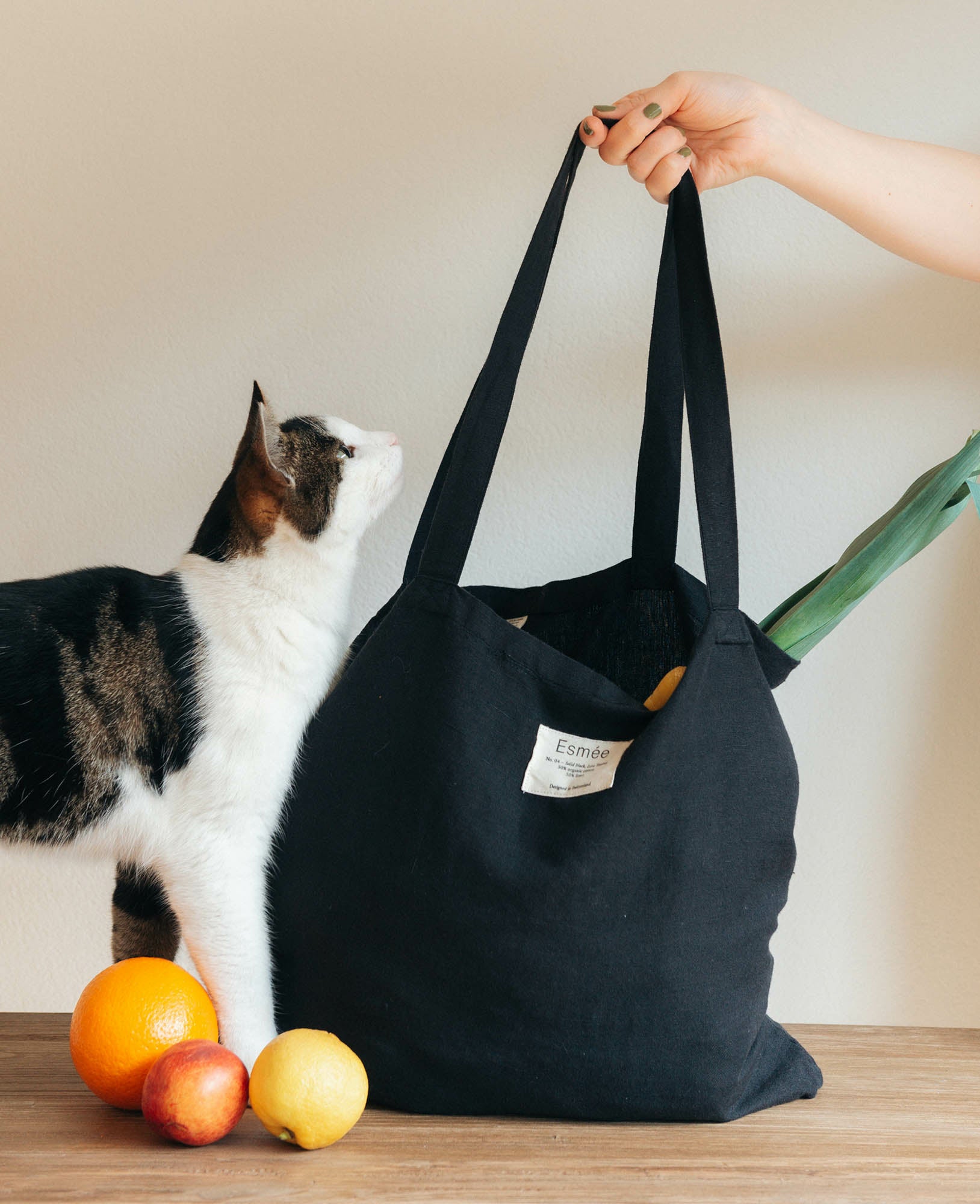 Esmée Stofftasche, Baumwolle/Leinen, Schwarz, 470×400×50 mm, Lange Henkel