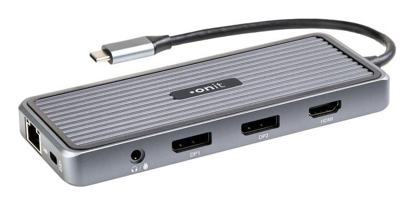 ONIT F01354 Dockingstation – USB-C, 2× DP, 1× HDMI, 4× USB-A, 3,5 mm, 100 W PD, GbE, für Windows/Mac/ChromeOS
