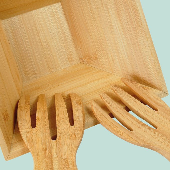 Relaxdays Salatschüssel – 28,0 × 28,0 × 10,0 cm, Bambus, Hellbraun, mit Salatbesteck