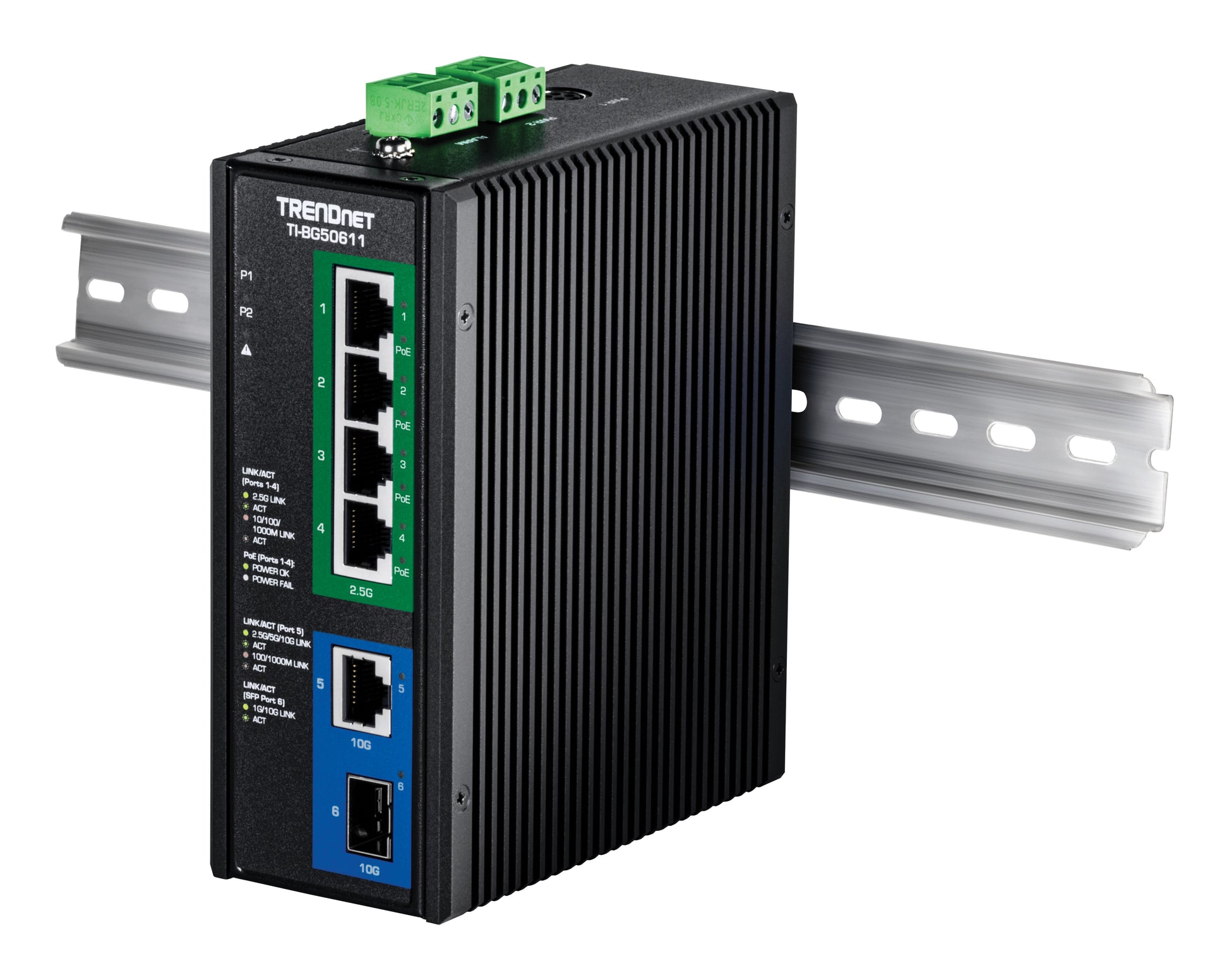 TRENDnet TI-BG50611 – Unmanaged Switch – 4× 2,5G, 1× 10G, 1× SFP+, PoE++, PoE-Budget 240 W, DIN-Rail