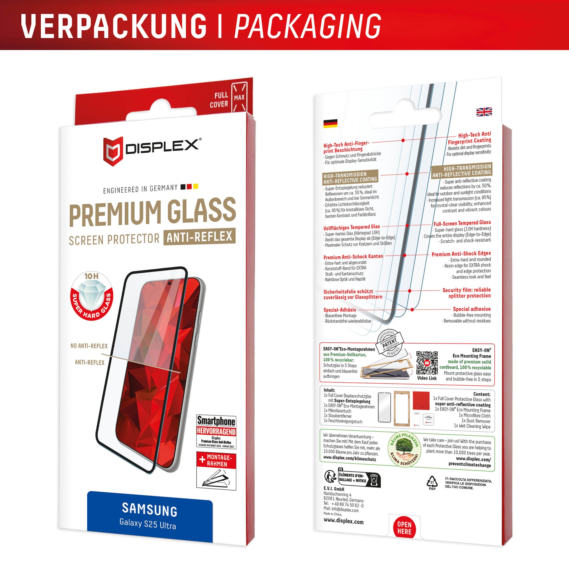 Displex Displayschutz (Panzerglas), Full Cover – für Galaxy S25 Ultra – mit Applikator