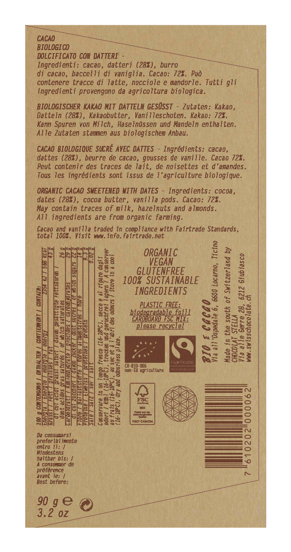 BioeCacao Schokolade – Dattelschokolade 72%, bio, vegan – 90 g