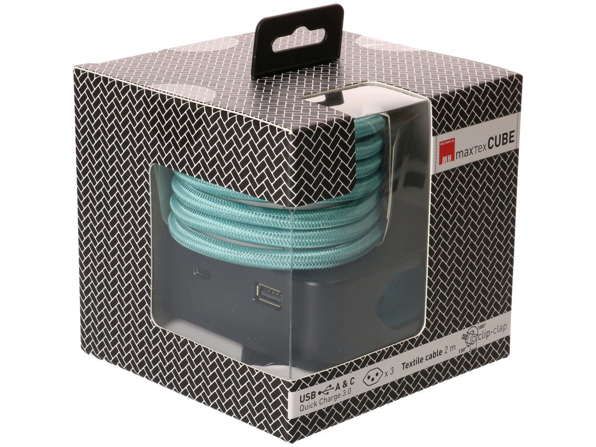 maxTEX Cube Steckdosenleiste – 3× T13, USB‑A/C 18 W, 2 m, ohne Schalter, IP20, schwarz/türkis