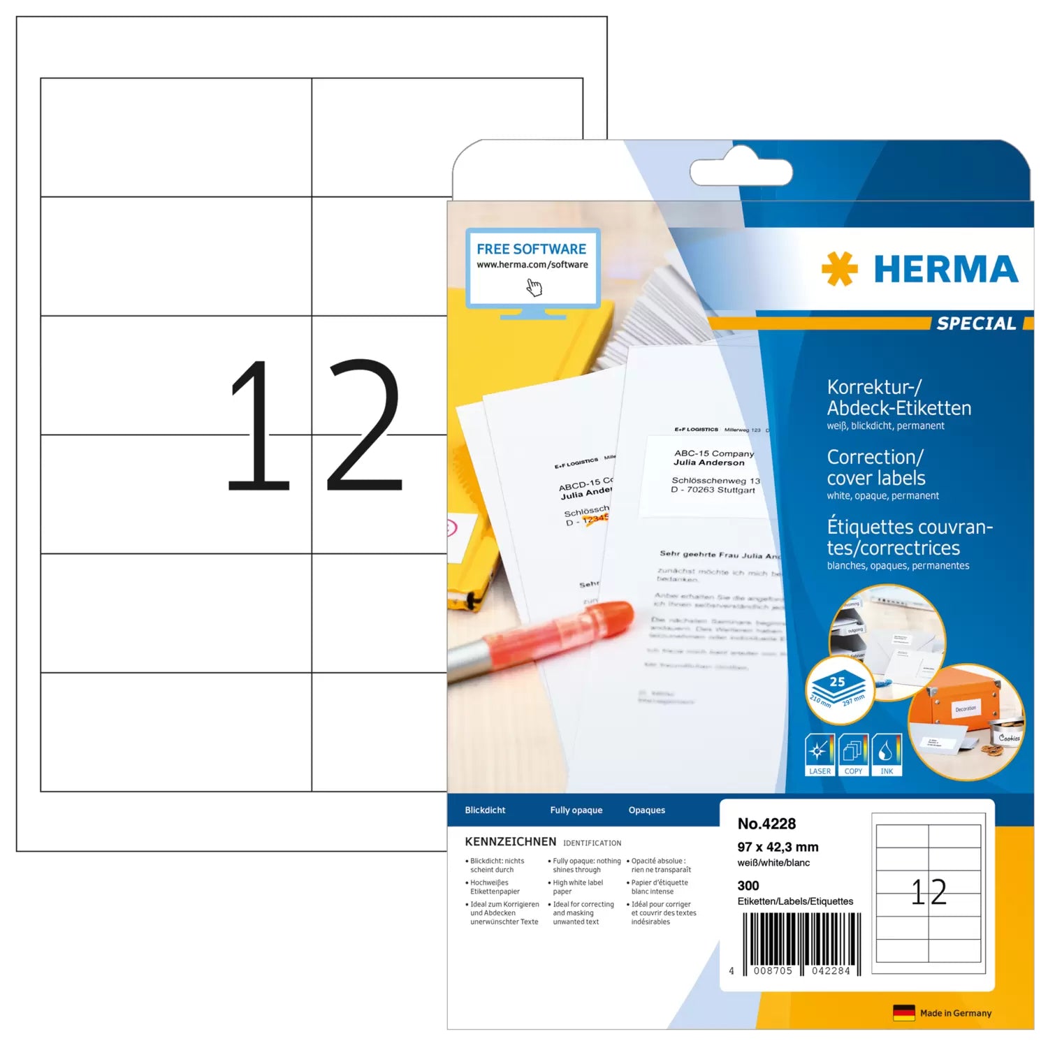 HERMA Druckeretiketten, 97 mm × 42 mm, weiss, Papier, permanent, 25 Blatt (300 Etiketten)