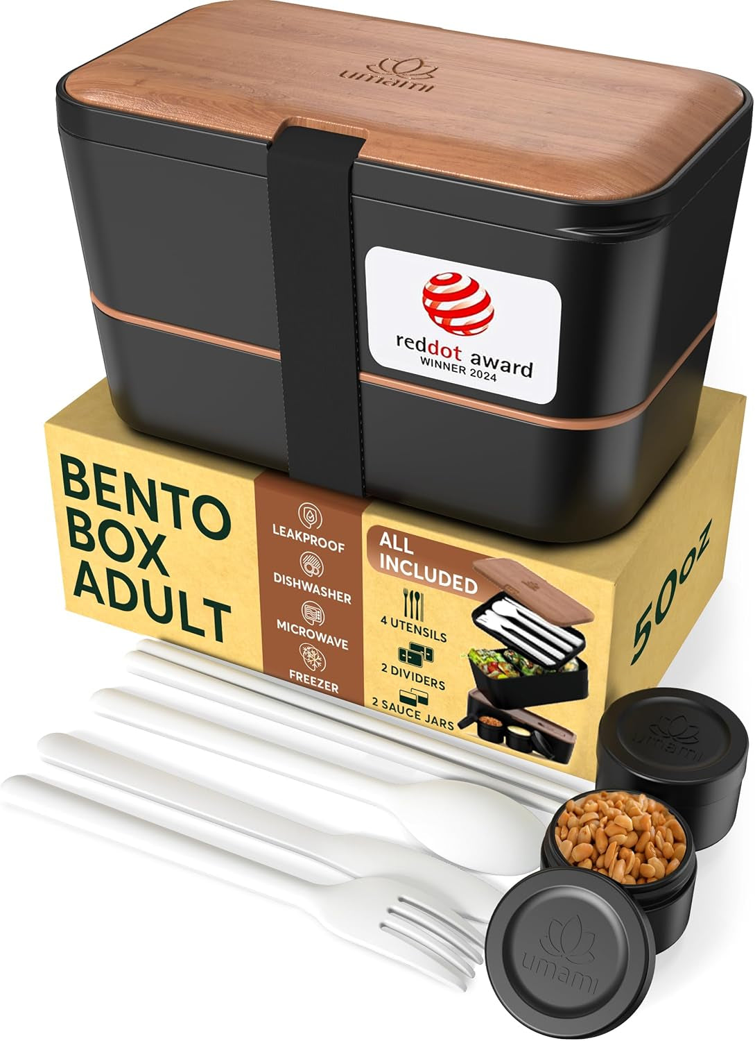 Umami Nestbare Bento Box – Lunchbox 1,5 l, 11 × 18,2 × 7 cm, Polypropylen (PP), schwarz/kirsche, inkl. Besteck