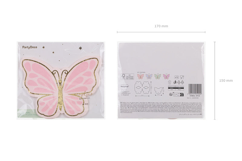 PartyDeco Servietten Schmetterling – mehrfarbig – 16 × 12 cm, 3-lagig – 12 Stück