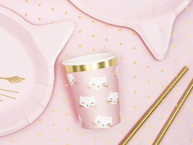PartyDeco Becher, Papier – 2,0 dl, pink mit Kätzchen – 6 Stk.