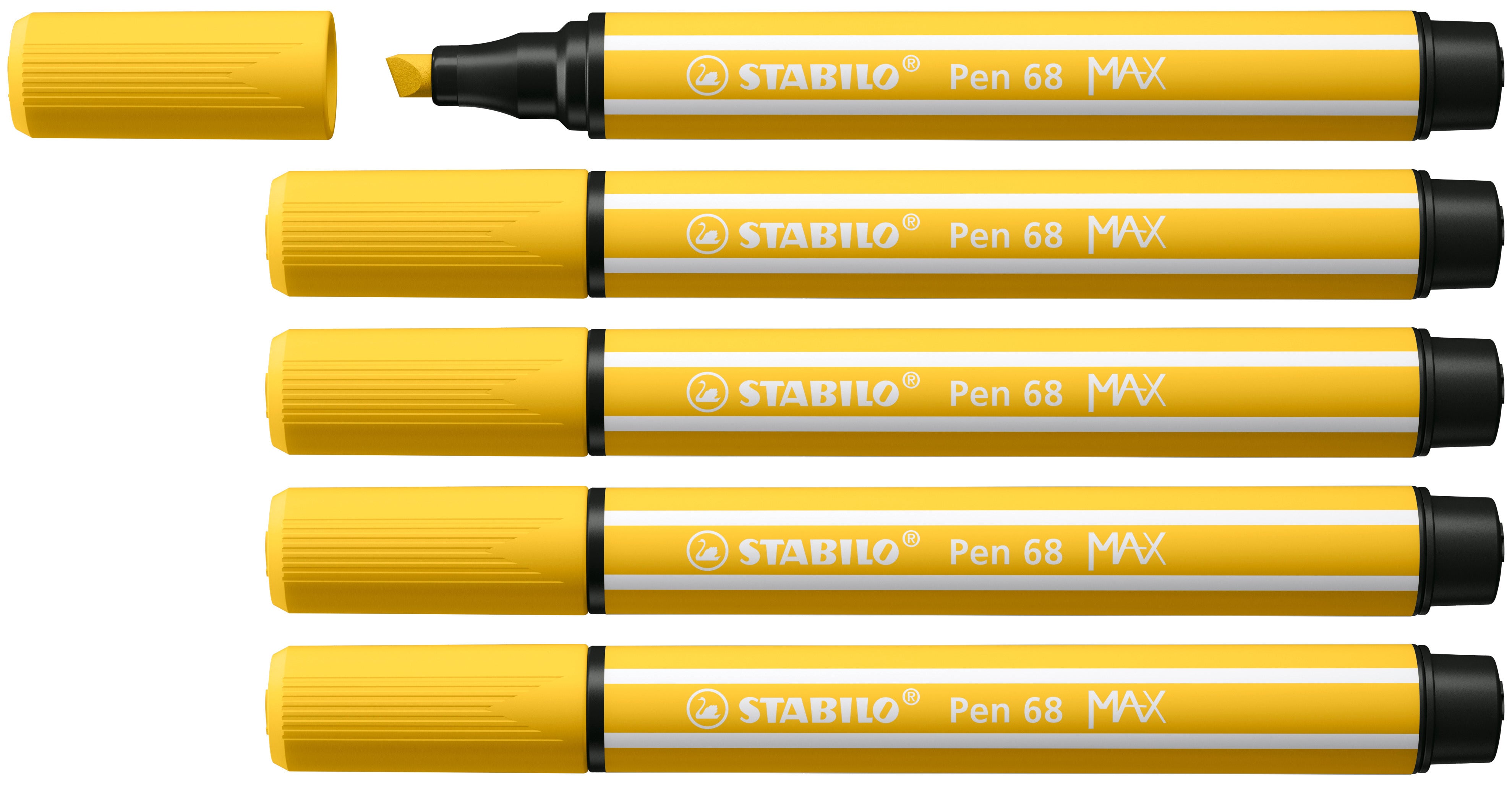 STABILO Pen 68 MAX Filzstift – Doppelspitze, Keil- + Rundspitze, 5 + 1 mm, wasservermalbar, gelb, 5er Set