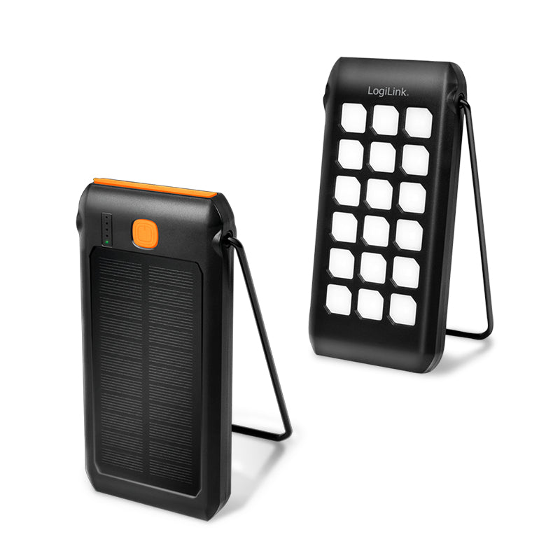 LogiLink Solar-Powerbank 10'000 mAh – 18 W PD, 1× USB-C, 1× USB-A, IP44, Schwarz