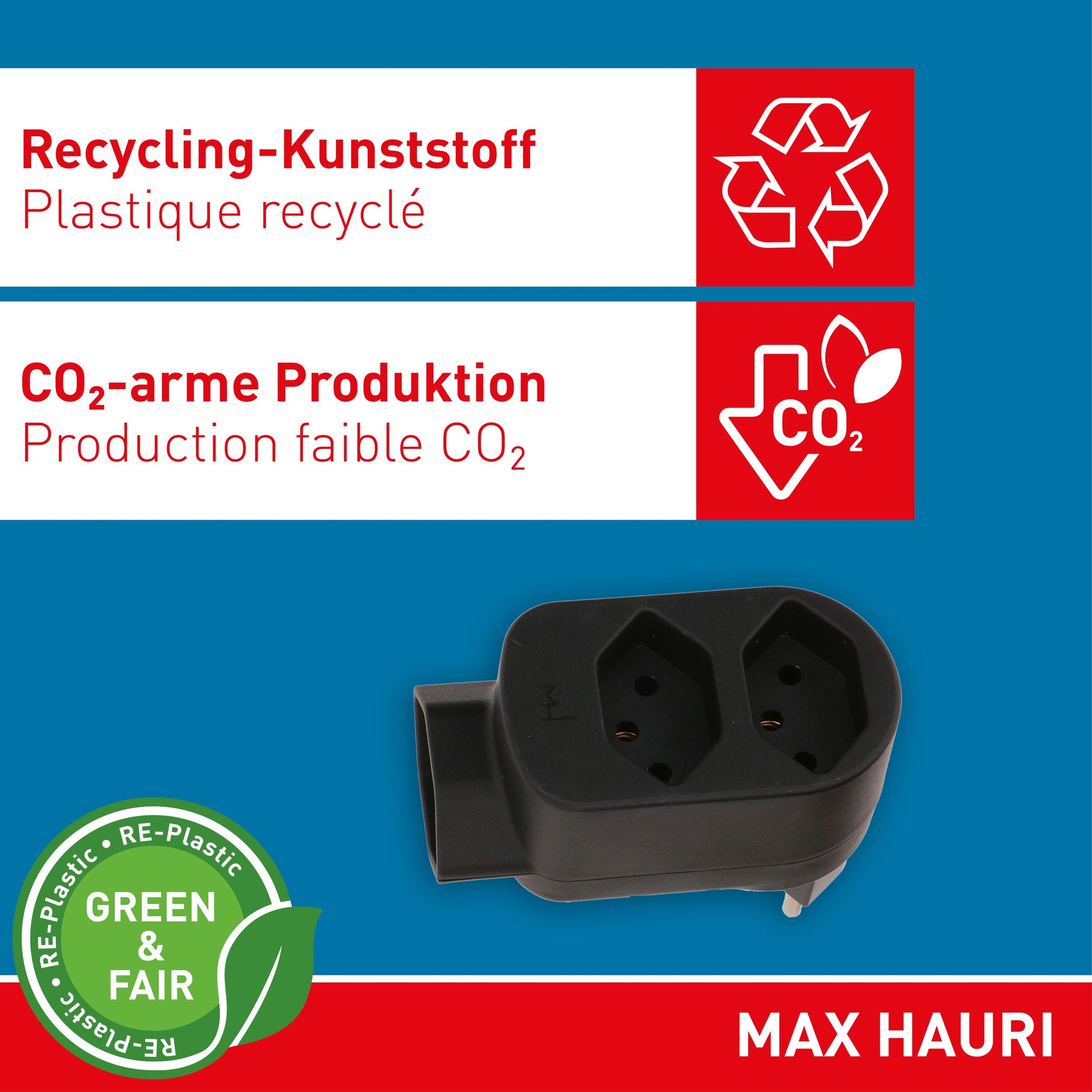 Max Hauri AG Max Hauri ADAPT 2+1x Typ 13 Abzweigstecker – 3× Typ 13, 230 V, 2300 W, 10 A – Schwarz
