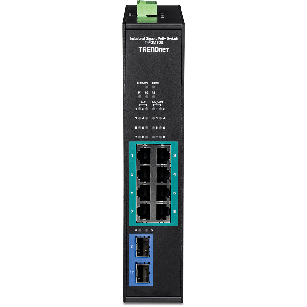 Trendnet TI-PGM102 – Industrieschalter – 8× 1G, 2× SFP, PoE+, PoE-Budget 240 W, Hutschiene